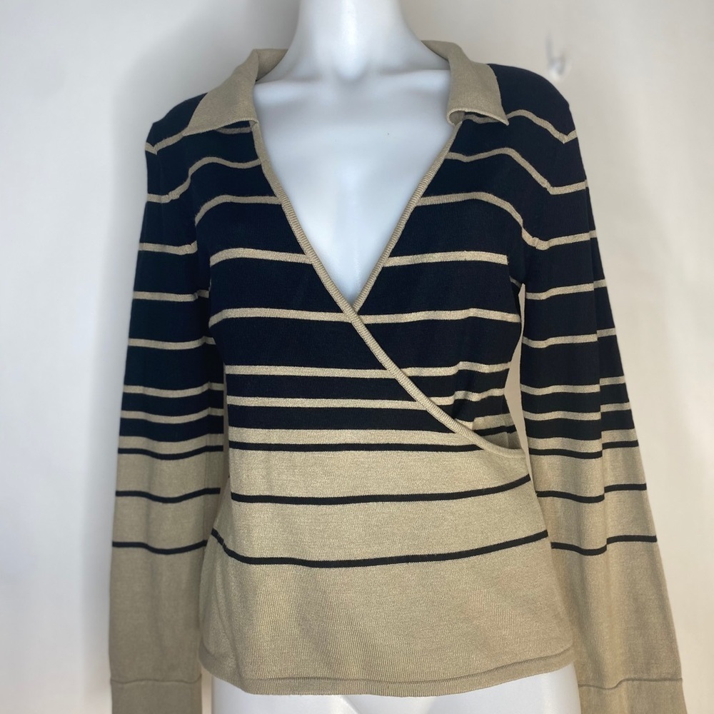 INC International Concepts Black and Tan Striped Wrap Sweatshirt